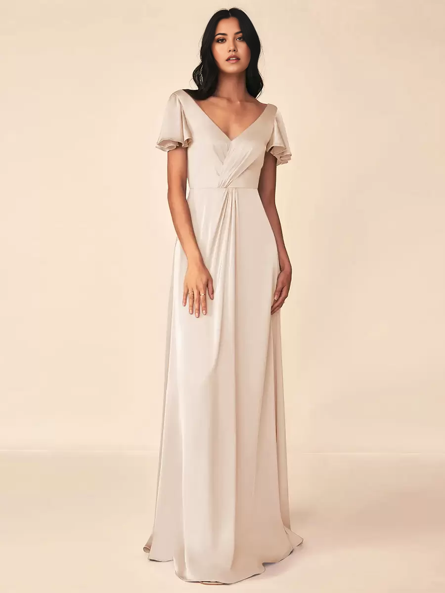 A-line V-Neck Floor-Length Zipper Satin Formal Gowns formal dresses Bridesmaid Dresses evening gown Prom Dress
